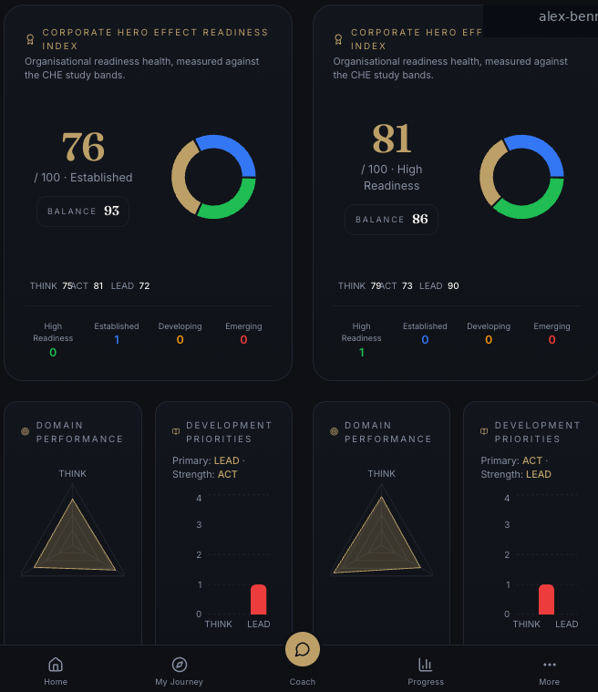 Illustrative readiness score cards for two sample profiles.